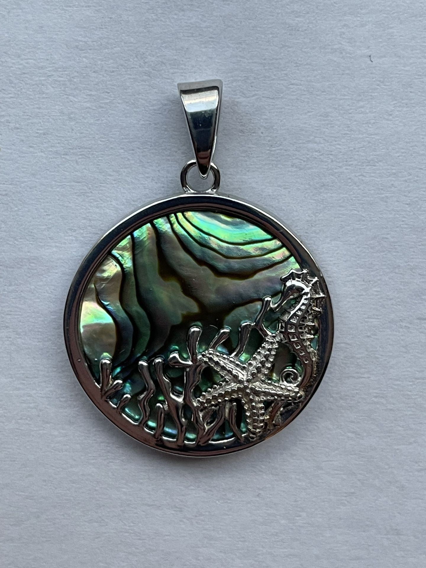 Sterling Silver Marked 925 Round Abalone Starfish And Seahorse Pendant