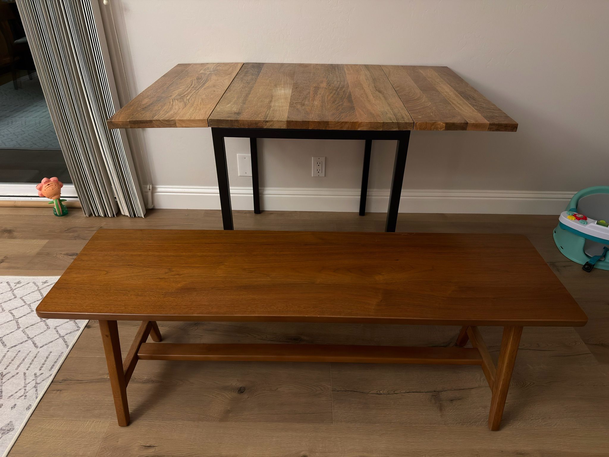 West Elm Box Frame Drop Leaf Extendable Table (24"–48") & Mid-Century A-Frame Bench (52")