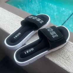 IZOD Black & White Slide-In Sandals With Wide Velcro Strap