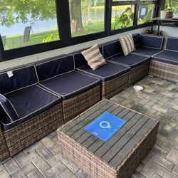 7-Piece Patio Furniture Set, Outdoor Wicker Conversation Set, All Weather PE Rattan Sectional Sofa Set with Cushions and Faux Wood Table, Stripe Pillo