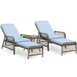 Brand New 3 Pieces Wicker Patio Furniture Set Outdoor Patio Chairs with retractable Ottomans ,coffee table, lounge chairs for Poolside Garden patio