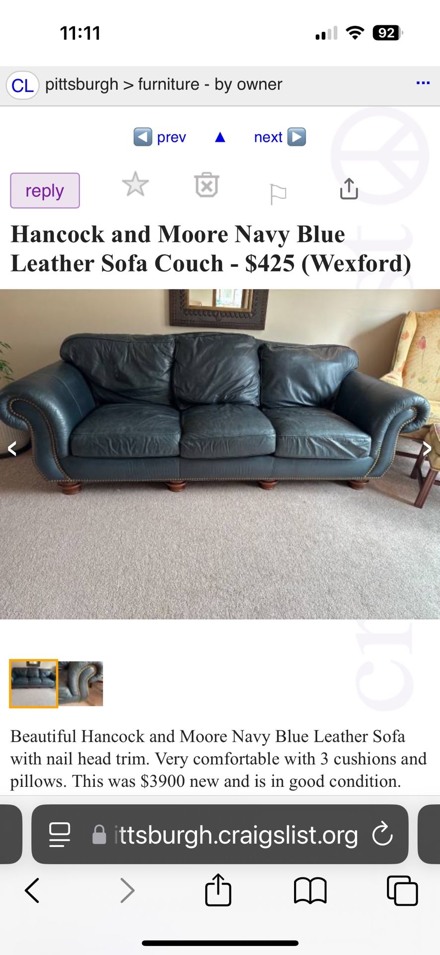 Hancock and Moore Navy Blue Leather Sofa