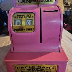 Vintage Uncle Sam's 3 Coin Pink Metal Register Bank