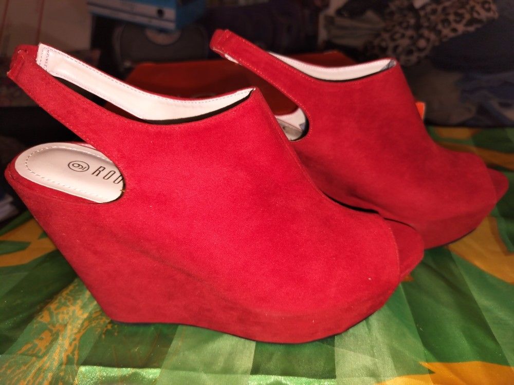 NWT And Box Rouge Red Swede Heels, Size 9