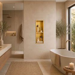 (Brand New in Box)  SaniteModar Stainless Steel Shower Niche Insert 8" x 24" Brushed Gold No Tile Needed, Recessed Bathroom Niche 2-Tier, Waterproof, 