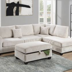 Beige Sofa Sectional w/ Storage Ottoman 