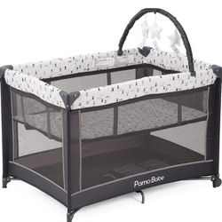 Pamo Babe Portable Playard,Sturdy Play Yard with Padded Mat and Toy bar with Soft Toys (Grey)

