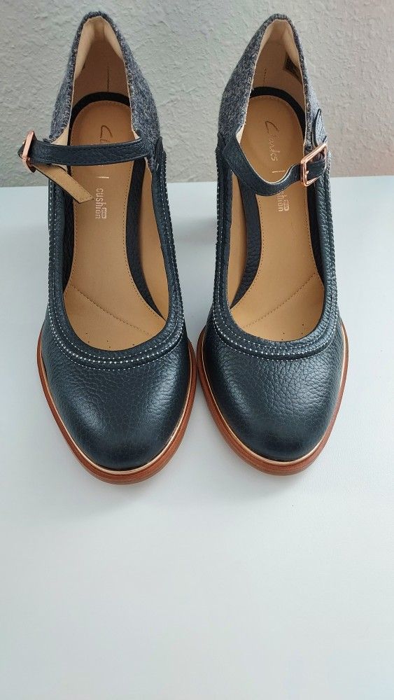 Clarks Women Shoes 9M Ellis Mae Dark Grey Combi Leather Fabric Heel Strap Copper