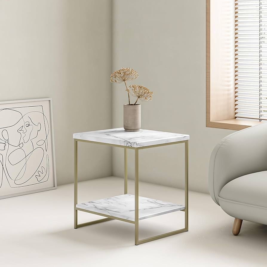 2-Tier Faux Marble Metal bracket End Table, Nightstand , Small Coffee Table