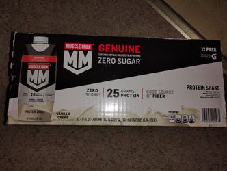 12-pack of Muscle Milk Zero Sugar Vanilla Creme Protein Shakes. 
Protein: Contains 25 grams of protein per carton.

