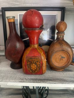 Set of 3 Vintage Leather-Wrapped Decorative Bottles