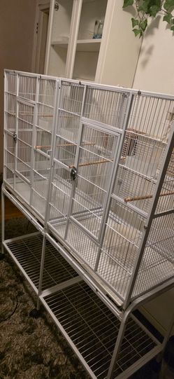 Large white bird cage (flight) with divider, rolling cart & storage