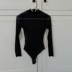 Iris Black Metallic Ribbed Sheer Mock Neck Long Sleeve Bodysuit Size Small