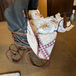 Beautiful Antique Baby Carriage And Porcelain face Doll 