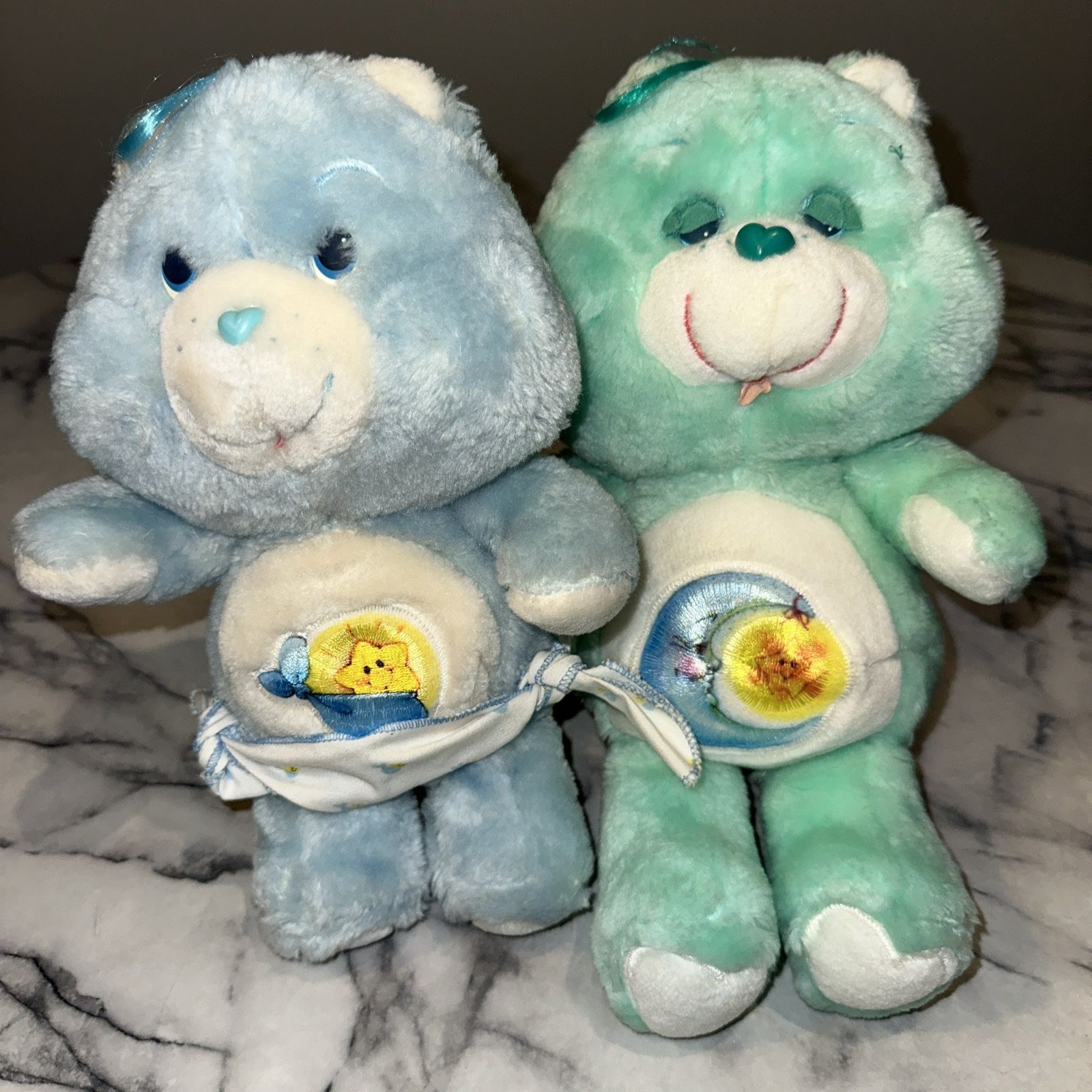 2x 1983 OG Care Bears Plush Baby Tugs Bedtime KENNER 11" 13" SET Mint Green Blue