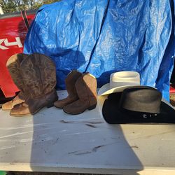 Justin mens and Masterson kids boots and 2 hats. Make offer