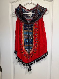 Red Boho Off-the-Shoulder Top with Tassel Hem