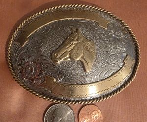 Vintage Metal Belt Buckle, Nice Brass and Silver Horse Head, Nice Western Design, 4" x 3", Heavy Duty, Quality, Thick Metal, For Belts, Fashion, Shelf