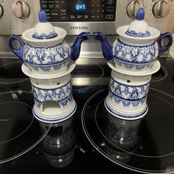 Bombay Porcelain Blue & White Teacups w/ Warmers