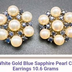 14kt White Gold With Pearls And Blue Sapphire Earrings 