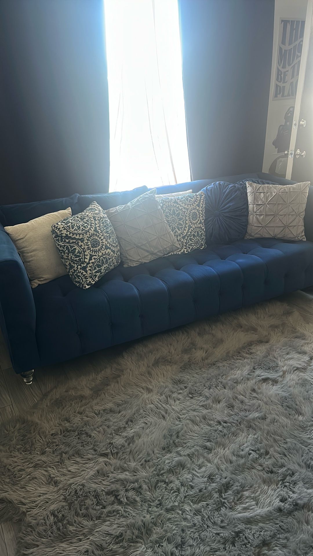 Blue Suede Sofa With Matching Pillows