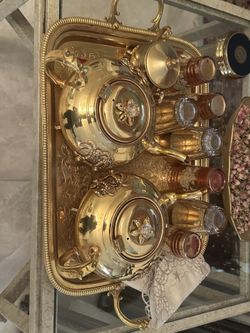Authentic Moroccan Gold Tea Serving Set – Ornate Tray, Teapots & Glasses