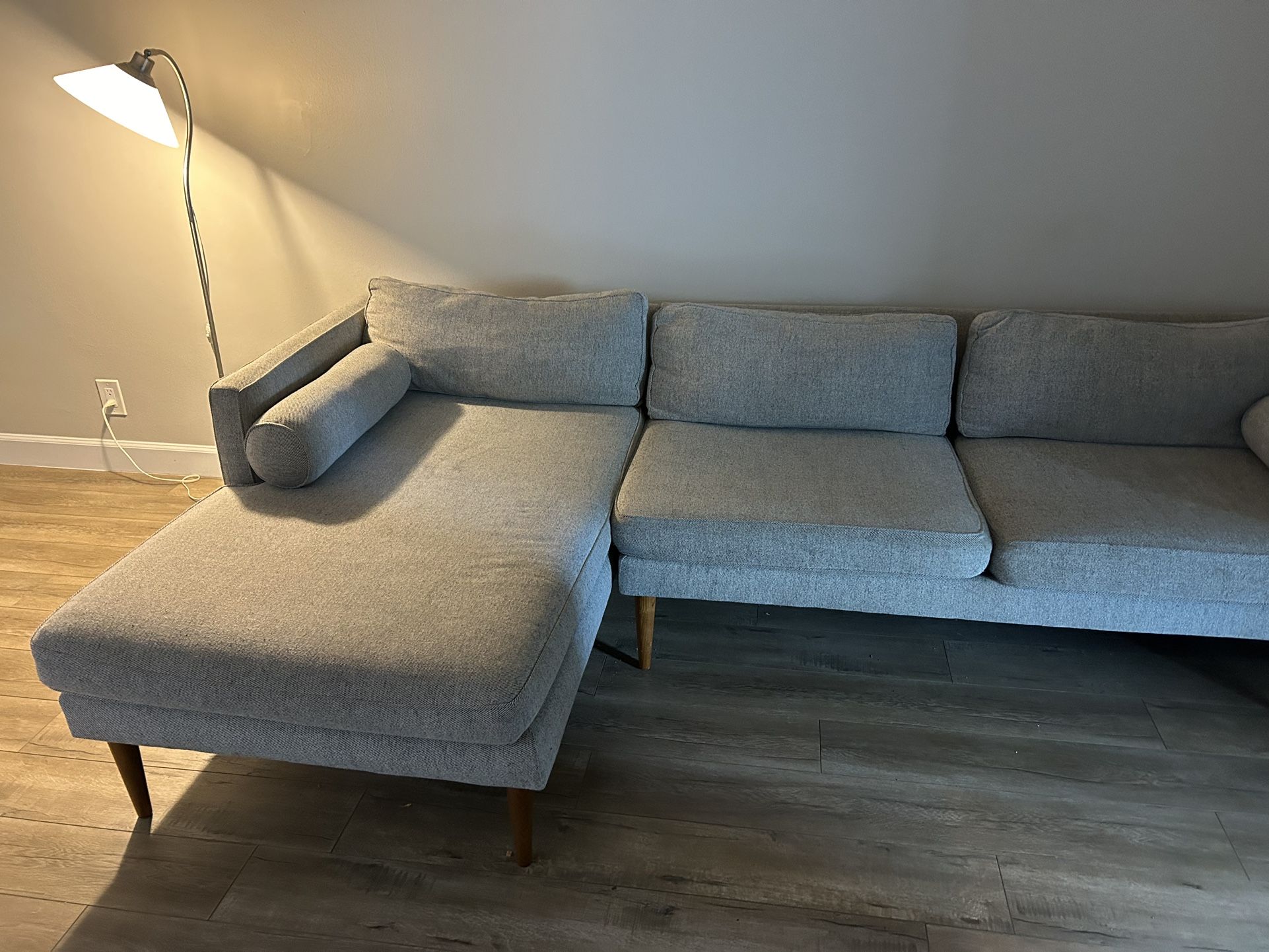 West Elm Monroe Mid-Century Sofa Chaise Sectional, Heathered Crosshatch, Gray