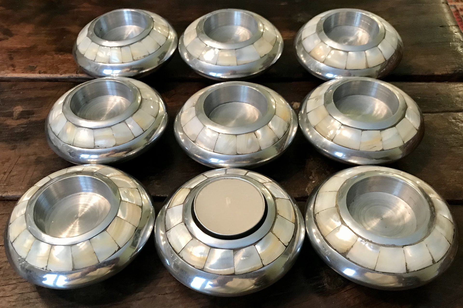 Set of 9 Mother of Pearl & Pewter candleholders ~ Dillard’s Biltmore Collection ~ votive candles