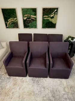 Six Restoration Hardware ELLISON HIGH-BACK TRACK ARM FABRIC DINING ARMCHAIR in twilight color. Dining chairs. RH