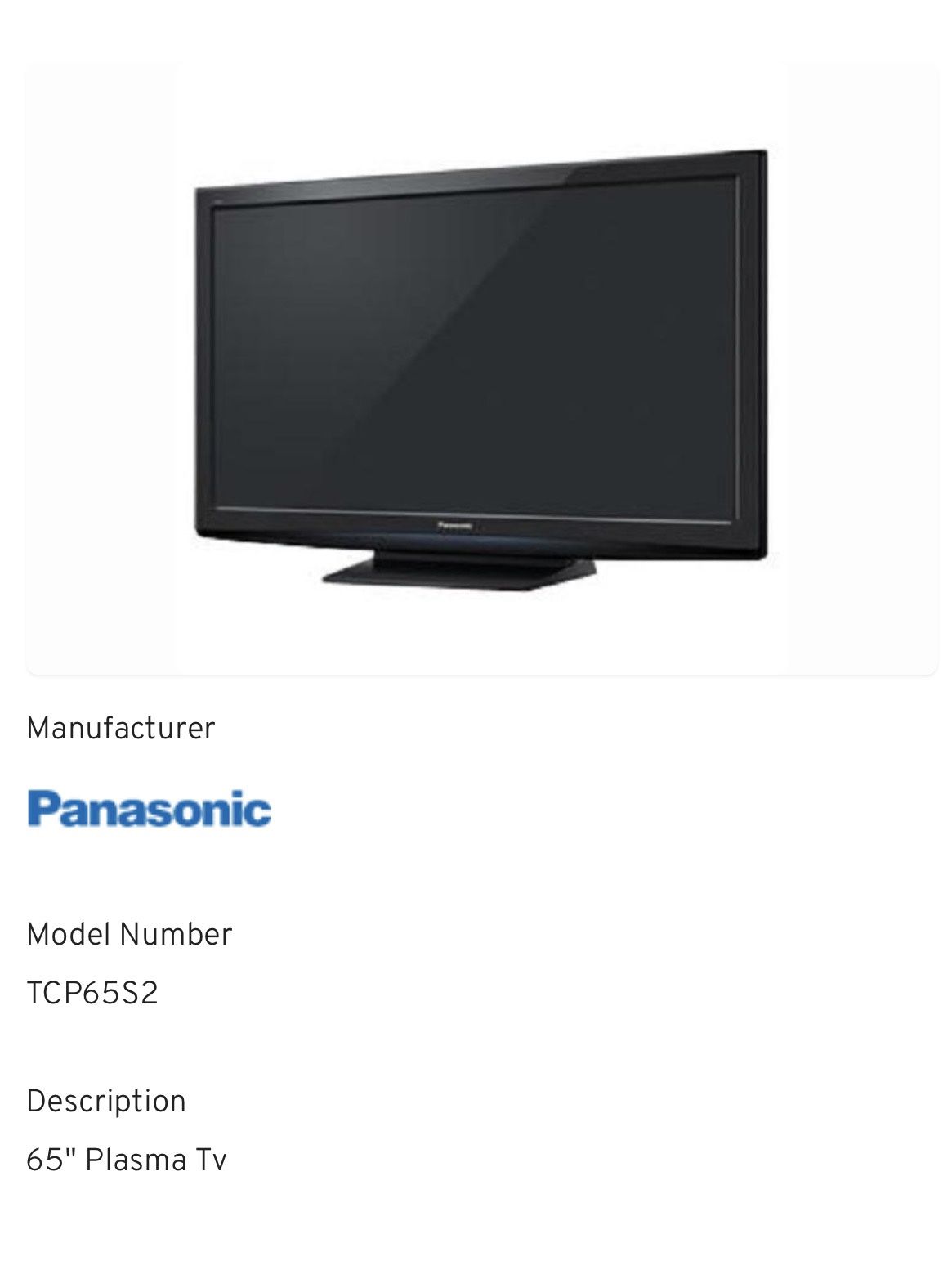 Plasma 65 Inch Panasonic Used 50$ 