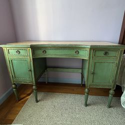 Vintage light green solid wood dressing table/desk with beige marble top
