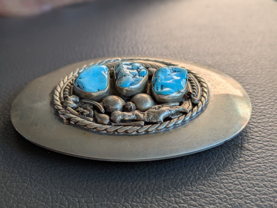 Solid 925 Silver And Turquoise Navajo Belt Buckle