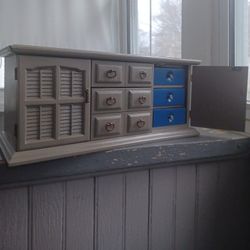 Vintage 70s large gray wood brass lined 8 drawer jewelry storage box cabinet