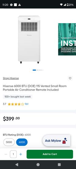 New Hisense 6000 BTU (DOE) 115 Vented Small Room Portable Air Conditioner Remote Included