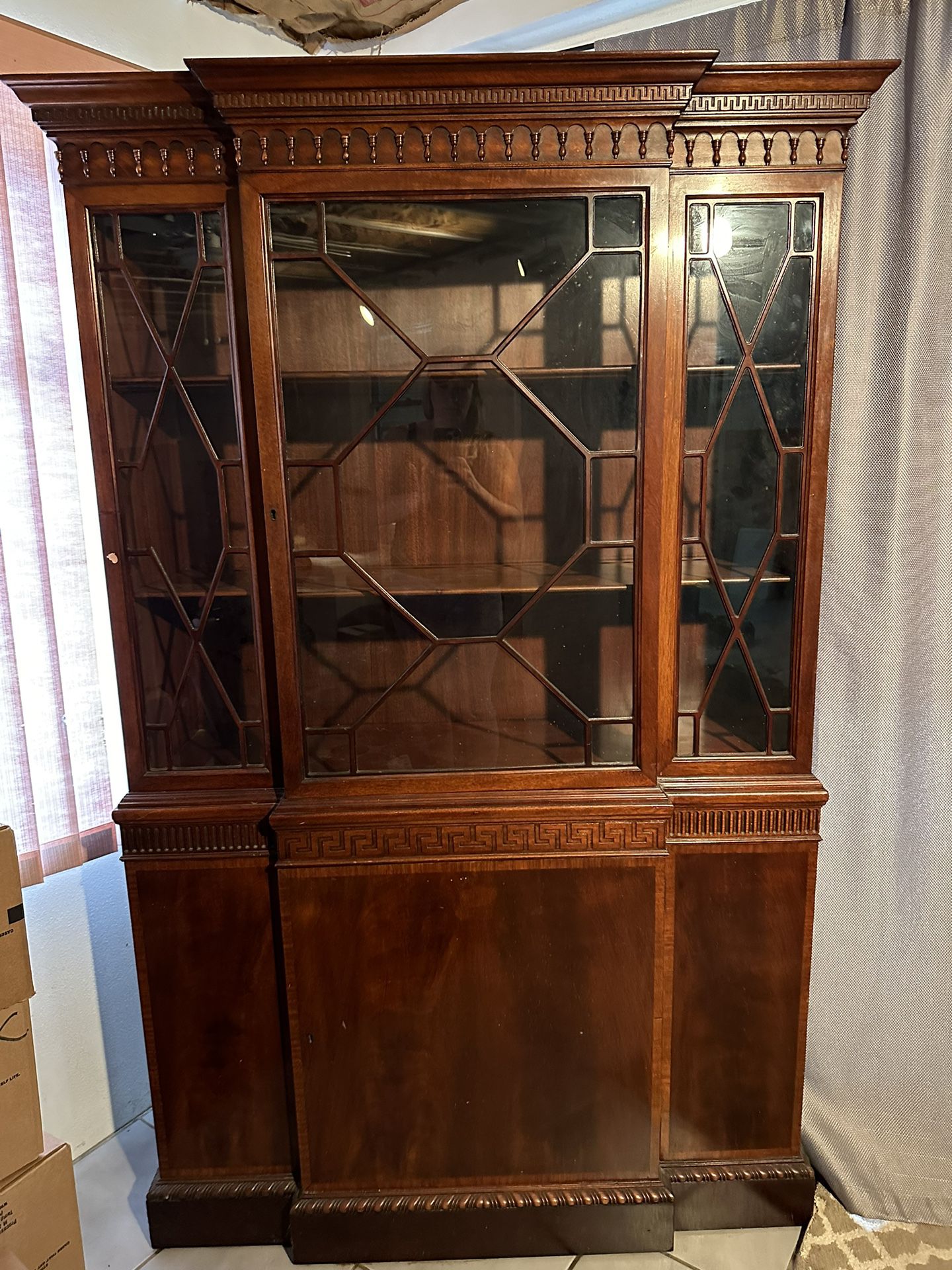 Clawfoot China Cabinet, All Original Glass, Original Finish  44”x14, 73”H