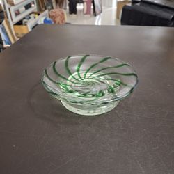 Hand Blown Murano Style Pedestal Spiral Heavy Green Swirl Trinket Or Candy Dish- Candle Holder Or Cake Stand 6.25"Wx1.75"H