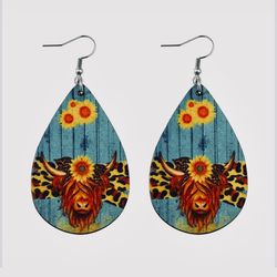 Highland Cow Sunflower Blue Wood Faux Leather Earrings
