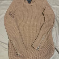 Cynthia Rowley Sweater Womens MediumTan Long Zip Sleeve Crew Neck Textured Top