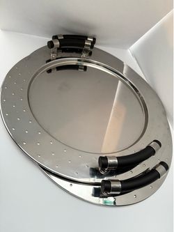Set of 2 Alessi Michael Graves Silver Trays with Wood Handles Circle and Oval
