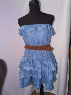 Chambray Strapless Tiered Ruffle Mini Dress