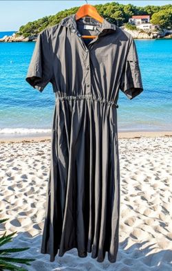 NEW  Moncler Navy Blue Polyamide midi Short Sleeve Button Collared Shirt Dress ~ Size 38.