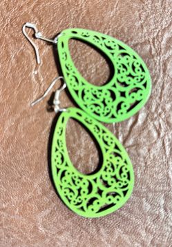 Lime Green Filigree Teardrop Dangle Earrings
