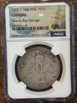 1908-S Philippine Peso Shipwreck Recovery NGC Certified