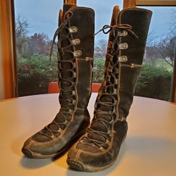 Timberland Women's 8 Wide Suede Boots Tall Black Moorland Lace Up with Side Zipper Waterproo