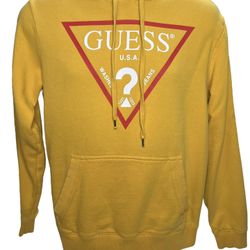 GUESS Triangle Logo Hoodie Yellow Pullover Sweatshirt Size Small Unisex - Mens