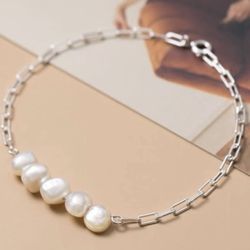925 Sterling Silver Natural Pearl Adjustable Bracelet #H37