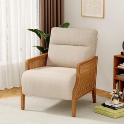Modern Accent Chair, Armchair with Natural Rattan Armrest, Upholstered Living Room Chair Comfy Single Sofa Chair for Hosting Room/Bedroom,White