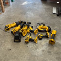 18 Volt Dewalt Set 3 Saws All, 1 Drill, 1 Hammer Drill, 1 Impact Wrench, 1 Grinder, 2 Batteries, 1 Charger 