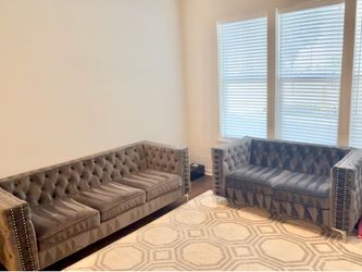 Gray velvet sofa couch and love seat set