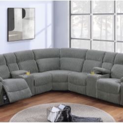 Jumbo Recliner Sectional Sofa Grey Corduroy Brand New